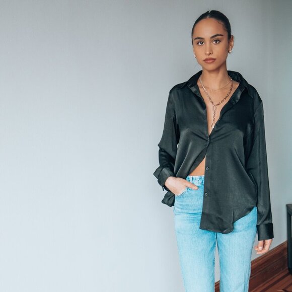 New Black Silky Button Down Blouse - Picture 1 of 6